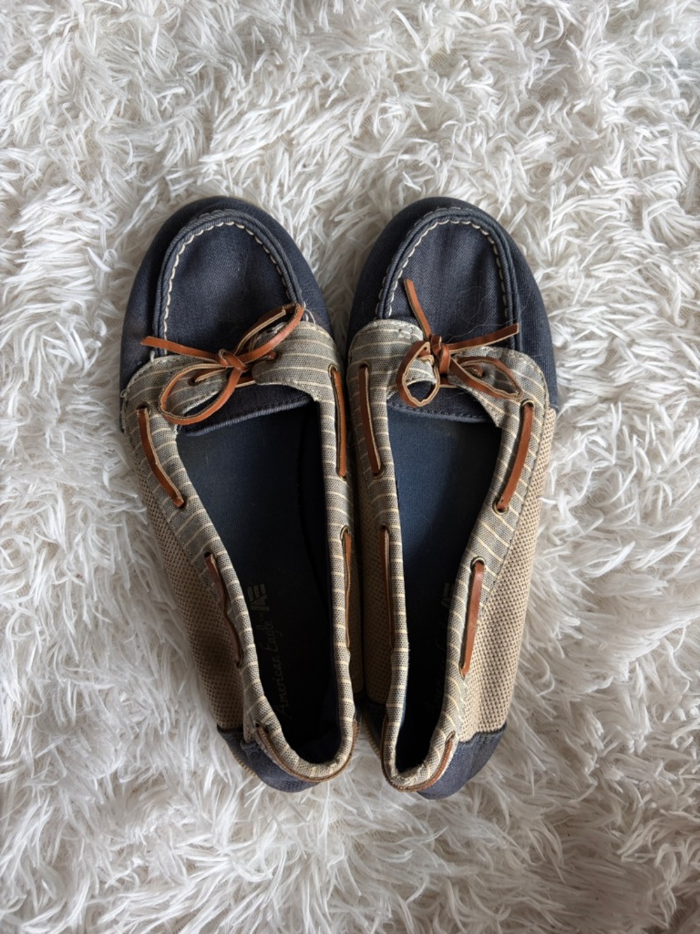 American Eagle Outfitters Striped Navy and Tan Moccasins